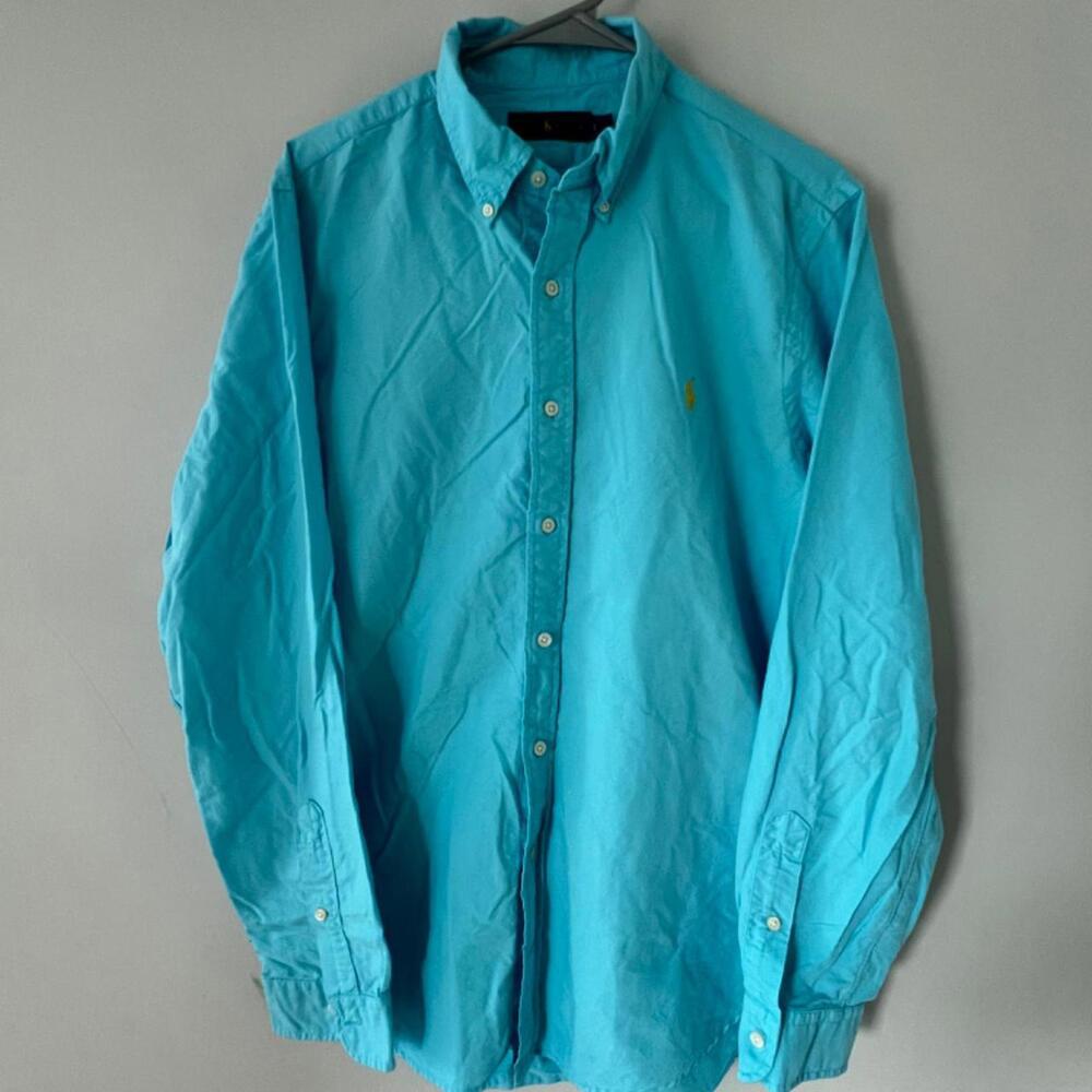 Light Blue Ralph Lauren Button-Up Shirt - Size L, Yellow Logo